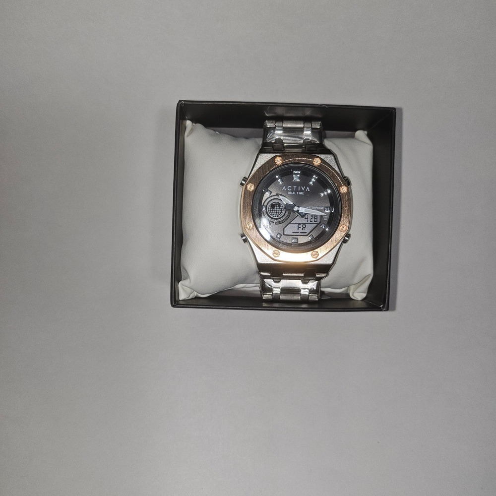 Activa Dual Time Mens Watch ACWM303-004 Silver Rose Gold Analog Digital Invicta
